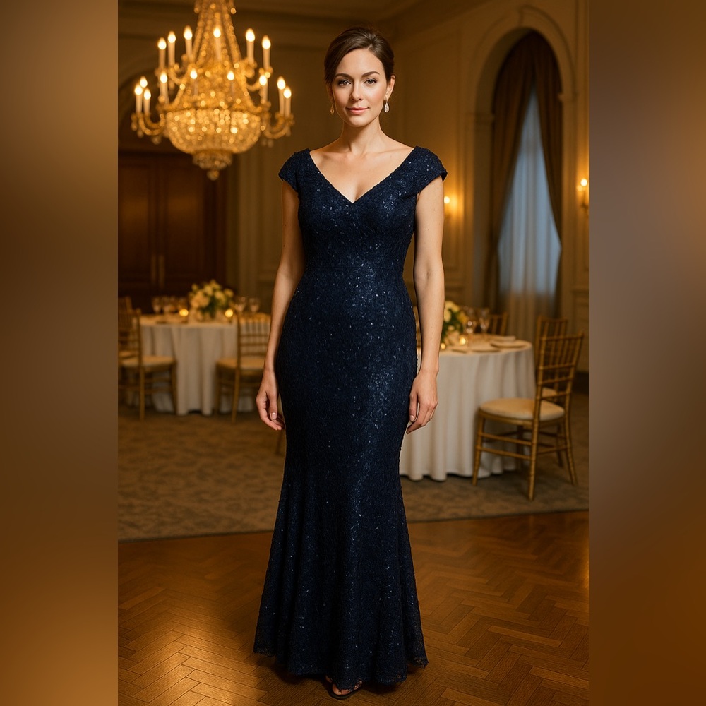 Xscape Navy Blue Sequin Cap Sleeve Maxi Gown